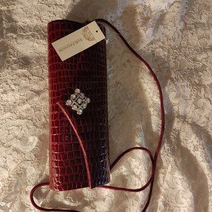 EVENING CLUTCH BAG RED CROCADILE FAUX LEATHER RHINESTONE CLOSE CORD BLING NWT